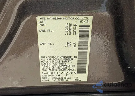 2015 Nissan Altima 2.5 S from USA, damaged, VIN 1N4AL3AP1FC257285